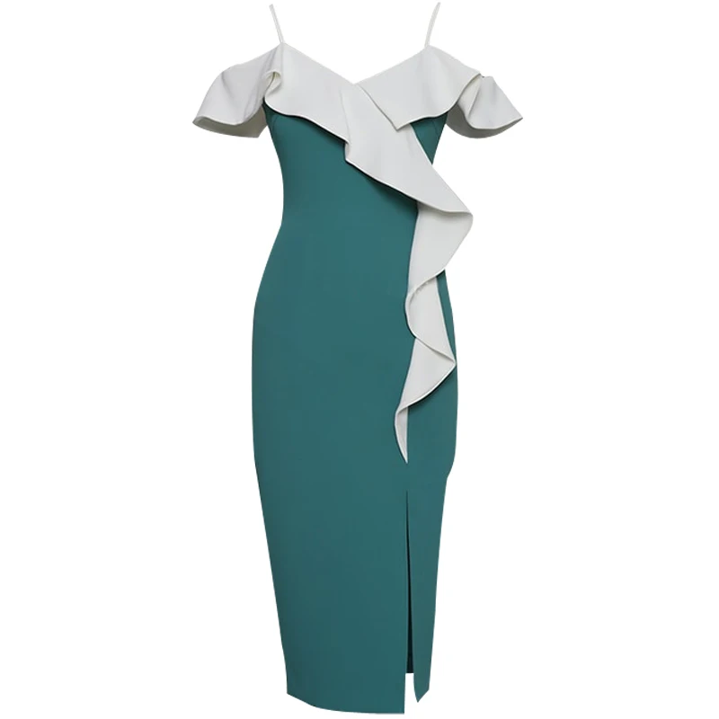 Женское вечернее платье до середины икры элегантное зеленое облегающее на