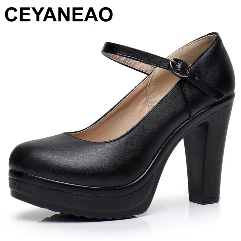 

CEYANEAO Genuine Leather shoes Women Round Toe Pumps Sapato feminino High Heels Fashion Black Work Shoe Plus Size 33-43