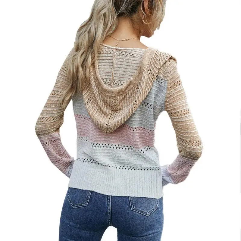 

Women's Sweaters Drawstring Color Patchwork Knitted Female Tops Causal V Neck Female Hollow Out Long Sleeved Sweater