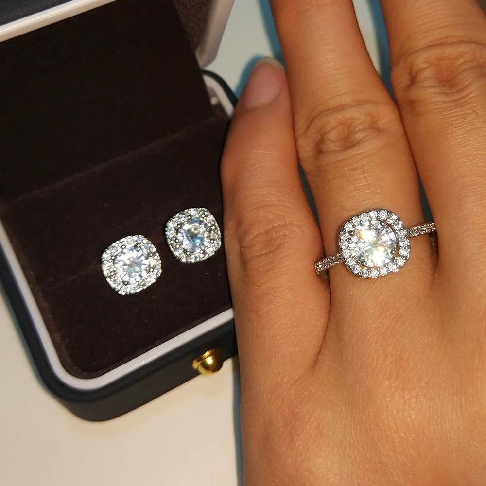 

Uilz 2pcs Modern Silver Color Square Wedding Jewelry Set Gorgeous Bride Statement Cocktail Banquet Rings Stud Earrings Gift