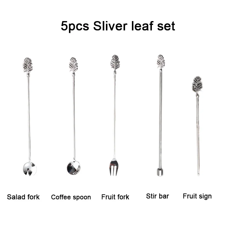 Sliver leaf set 5 шт., серебряная кофейная ложка, Золотая Коктейльная палочка, набор, лист коала, длинная ручка, мороженое, десерт, Микс, чайная ложка, вилка, барные аксессуары - Цвет: Sliver leaf set