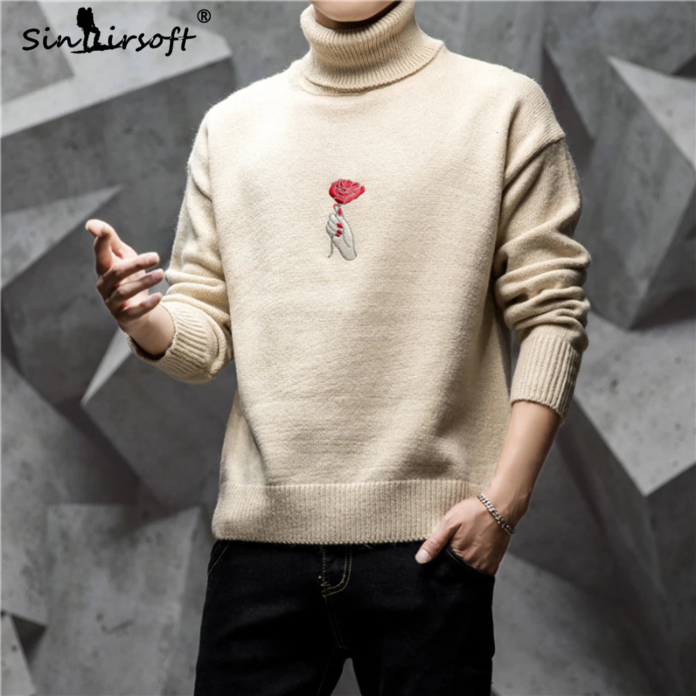 Rose Embroidery Pullovers Men's Turtleneck Long Sleeve Casual Sweater Warm Male Black And White 2019 Fashion Top Clothing M-3XL | Мужская
