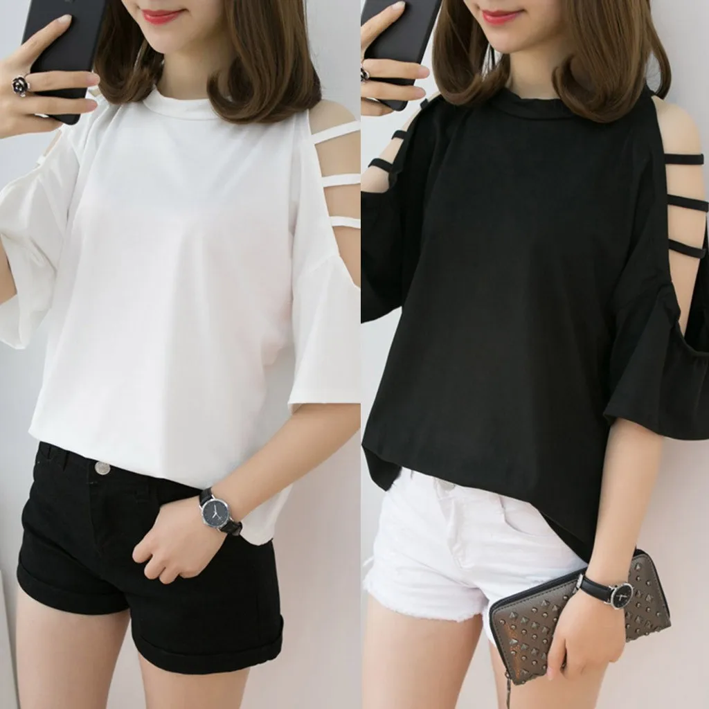 Korean Fashion T-Shirt For Women Bandage Off Shoulder Solid Color Top Half Sleeve Female Tshirt Cropped Streetwear | Женская одежда