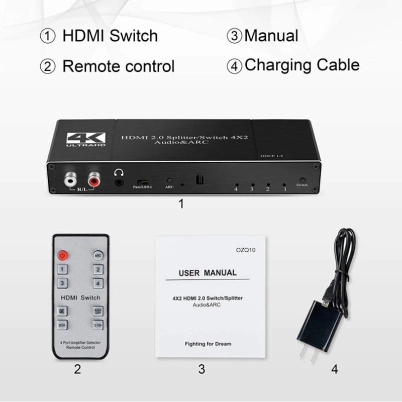 4x2 HDMI 2,0 аудио и дуговой коммутатор 4 в 2 Выход HDMI переключатель сплиттер с 3,5 мм L/R коаксиальный Оптический порт с ИК дистанционным управление... от AliExpress RU&CIS NEW