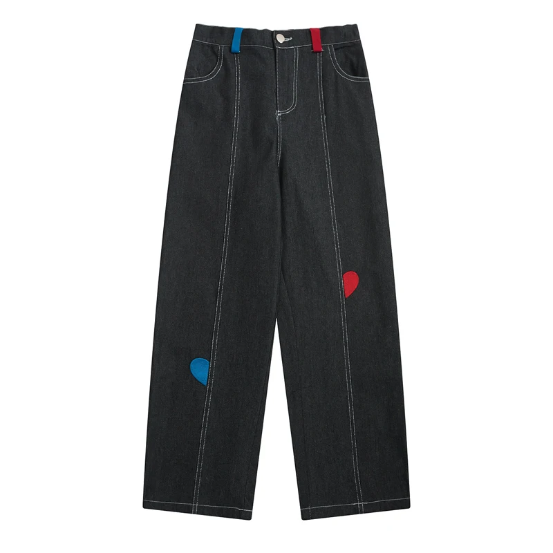 Harajuku Preppy Style Women Jeans Full Length Black Denim Straight Pants For Teenage Girls Ladies Trousers Hit Color |