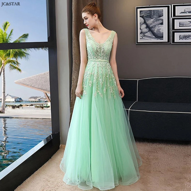 Платье трапеция из фатина с v образным вырезом мятно зеленый/розовый длинное