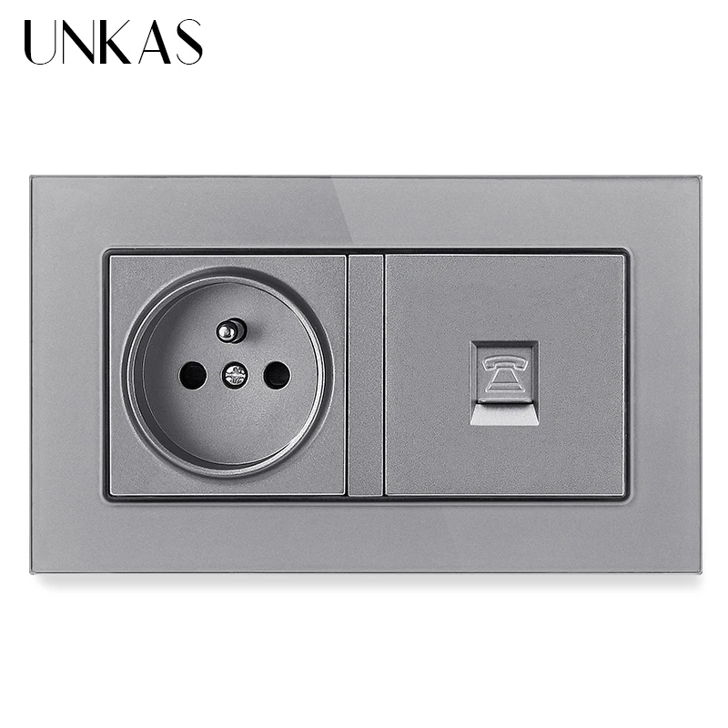 UNKAS закаленное с украшением в виде кристаллов Стекло Панель 16A французский Стандартный стены Мощность гнездо + RJ11 телефонный разъем Jack 146 мм * 86 мм