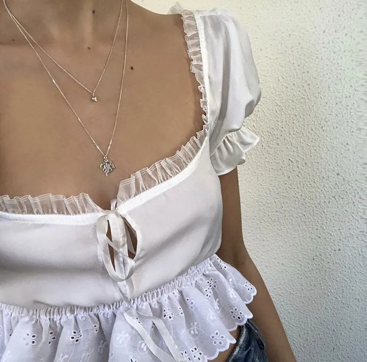 Женский короткий топ с квадратным вырезом шифоновая кружевная блузка коротким