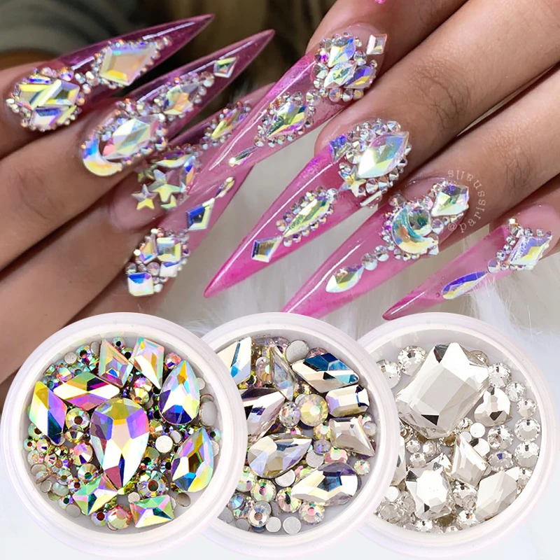 

1 Box Glitter 3D Nail Rhinestones Crystal Mixed Size Shiny Gems AB Flat Back DIY Diamond Nail Art Decorations Manicure Strass