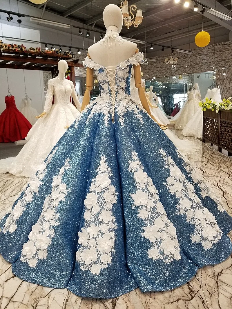 AnXin SH Luxury princess white rose flower blue lace beading pearls illusion boat neck glaring wedding dress 100% real photo