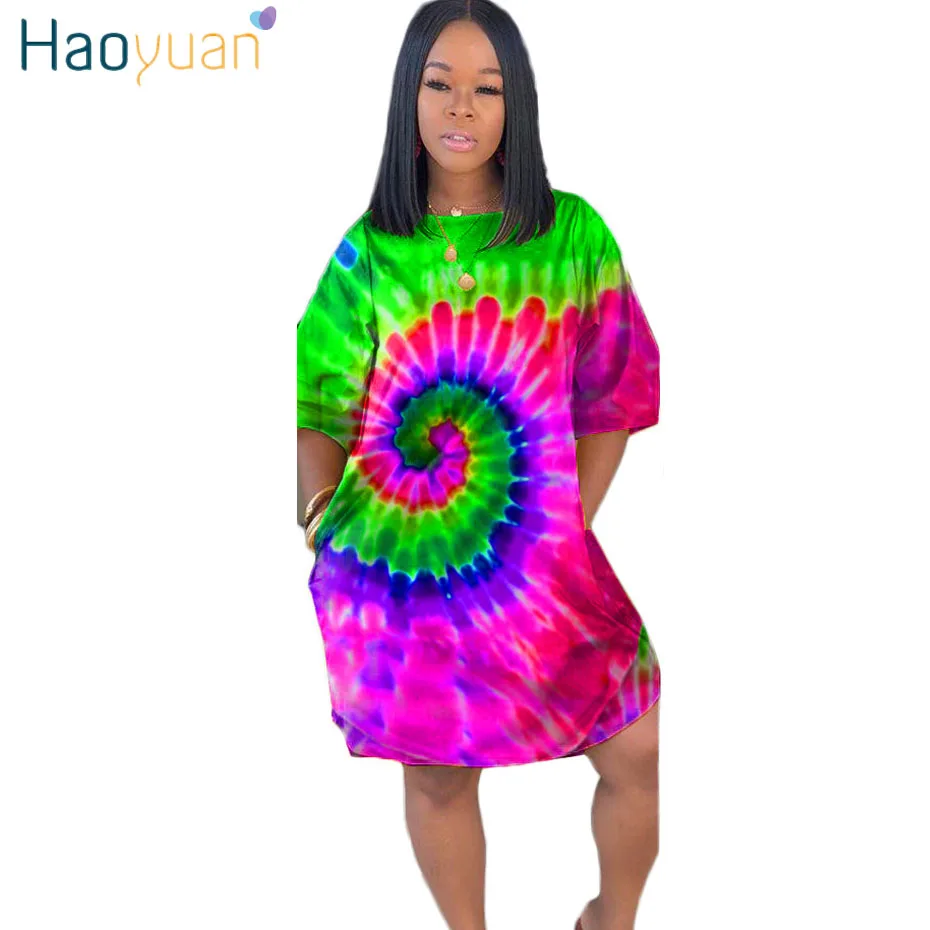 HAOYUAN Tie Dye, платье размера плюс, женская осенняя одежда, Robe Femme, больше размера d, Vestido, сексуальное Клубное рождественское платье, свободная футболка, платья