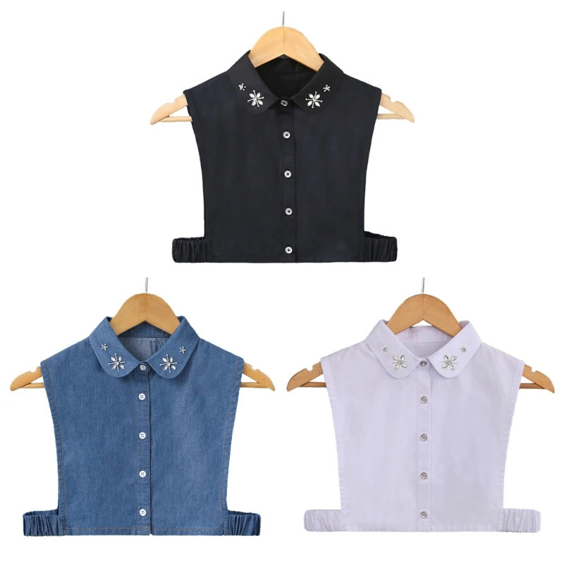 

Women Handmade Beading Jewelry False Collar Shiny Rhinestone Floral Lapel Half Shirt Blouse Buttons Detachable Dickey