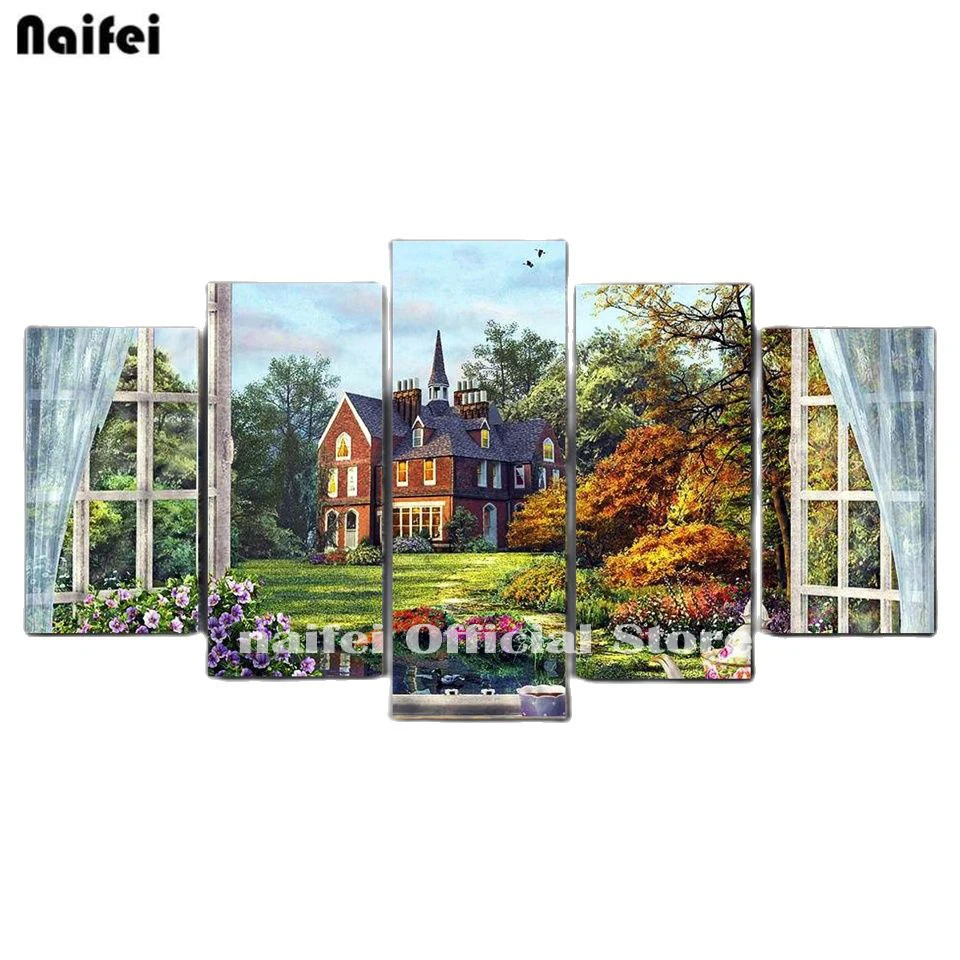 

5 Pcs Diy Diamond Painting Full Square Round Drill House Flowers Scenery Outside The Window Cross Stitch Rhinestone Embroidery