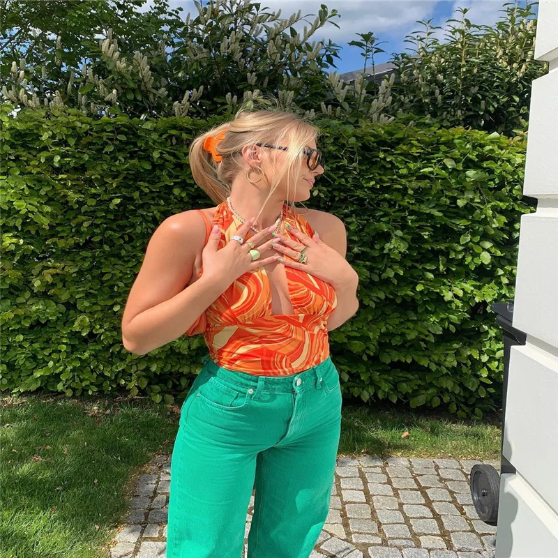 Женский укороченный топ с лямкой на шее пикантный Топ без рукавов леопардовым