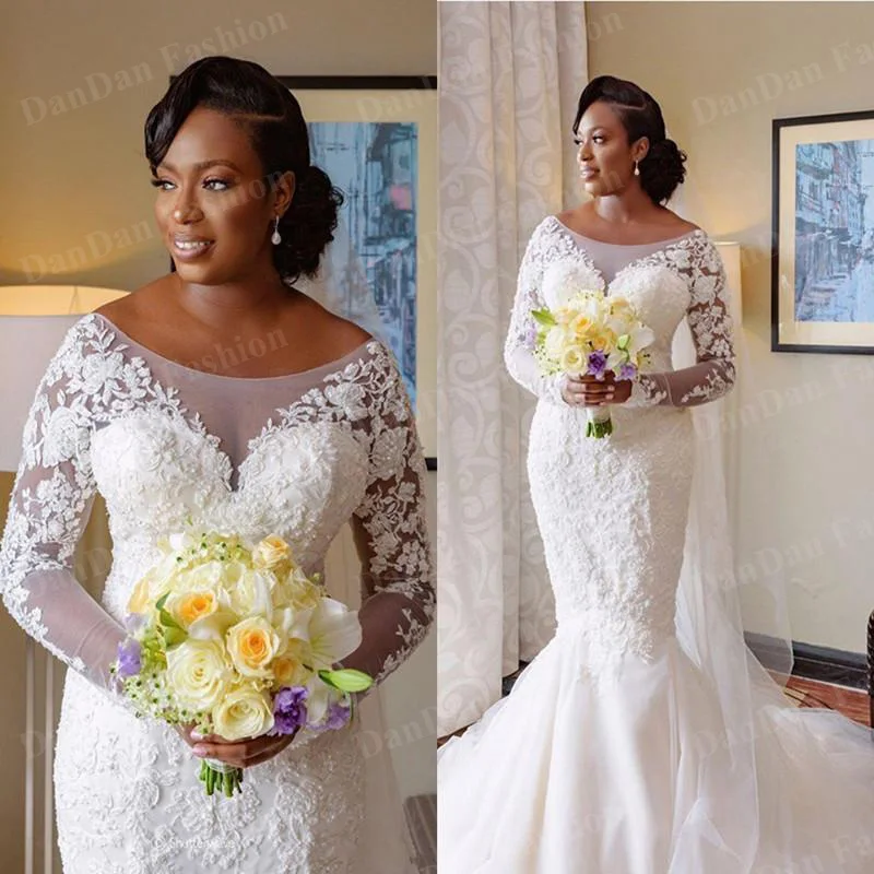 

African Plus Size Wedding Dresses Long Sleeves Beads Mermaid Wedding Gowns Robe de Mariee Beaded Crystals Bridal Dress 2021