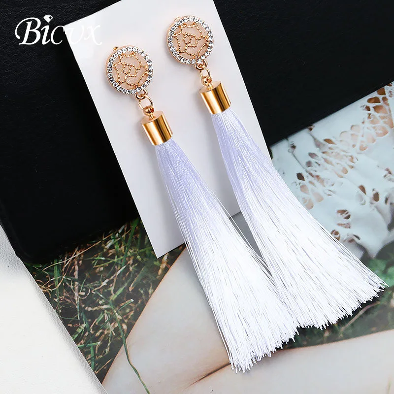 

BICUX Fashion Bohemian Tassel Crystal Long Earrings White Red Silk Fabric Drop Dangle Tassel Earrings For Women 2020 Jewelry