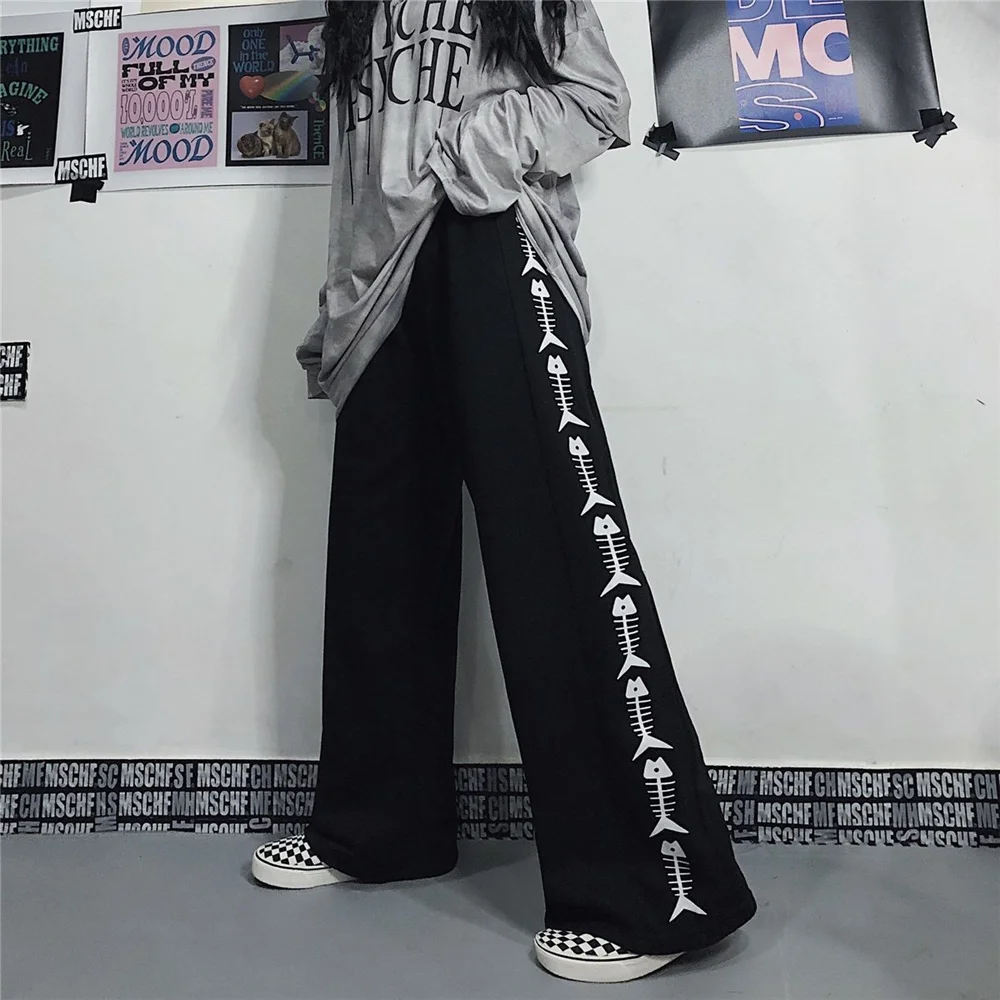 

DAILOU Punk Wide-legged Pants Women Gothic Harajuku Graffiti Print Pants Streetwear Korean Fashion Loose Trousers For Female