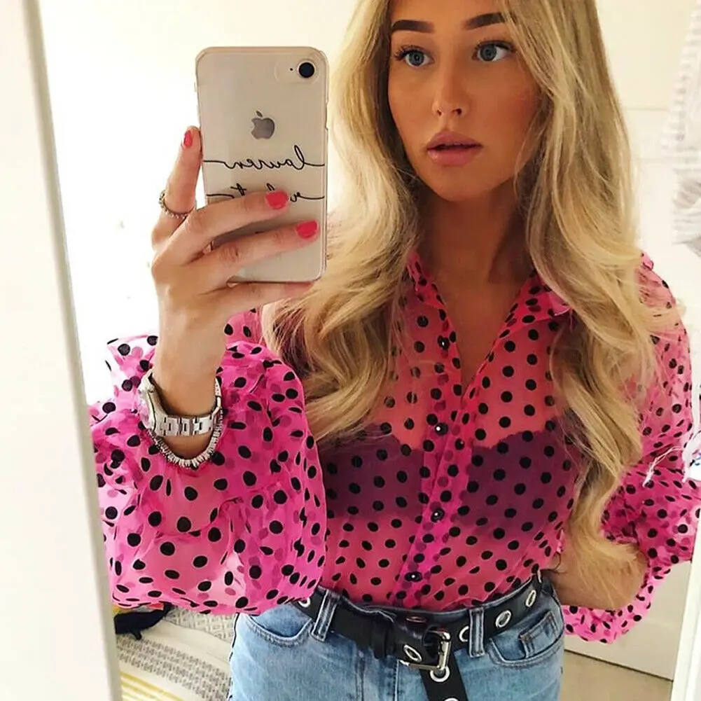 

Women Blouse Lace Mesh Sheer See-through Lantern Sleeve Tops Shirts Lace Up Polka Dot Blouse