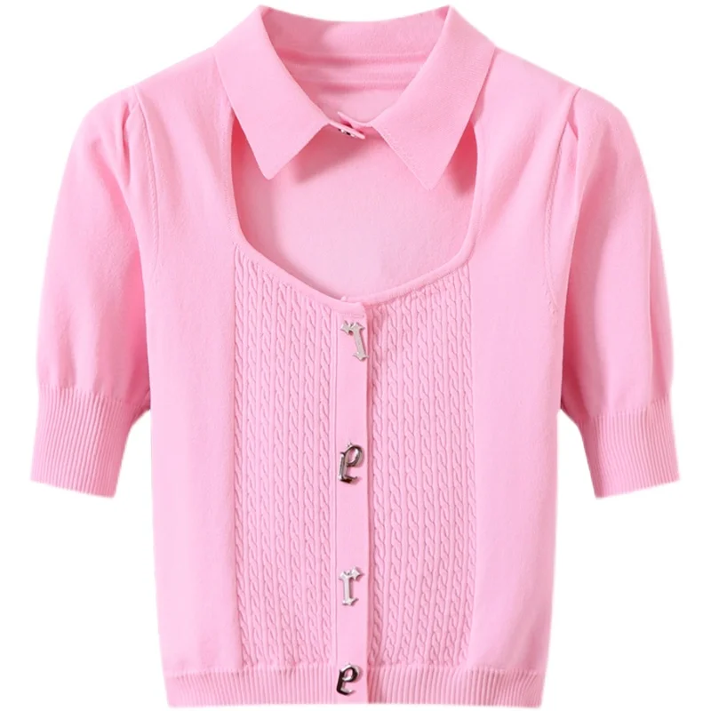

2021NEW pink all-match square neck niche design sweater T-shirt, summer fashion hollow bow tie letters short top T-shirt women