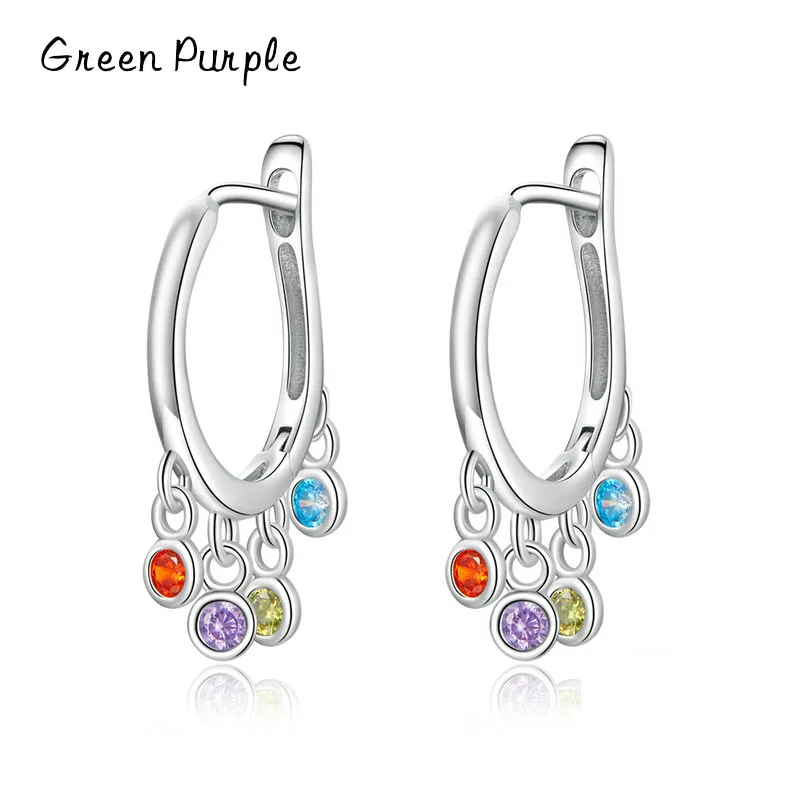 

GREEN PURPLE Hoop Earrings Real 925 Sterling Silver Colorful Zircon Swing Earring For Women Girl Party Fine Jewelry CE-1301