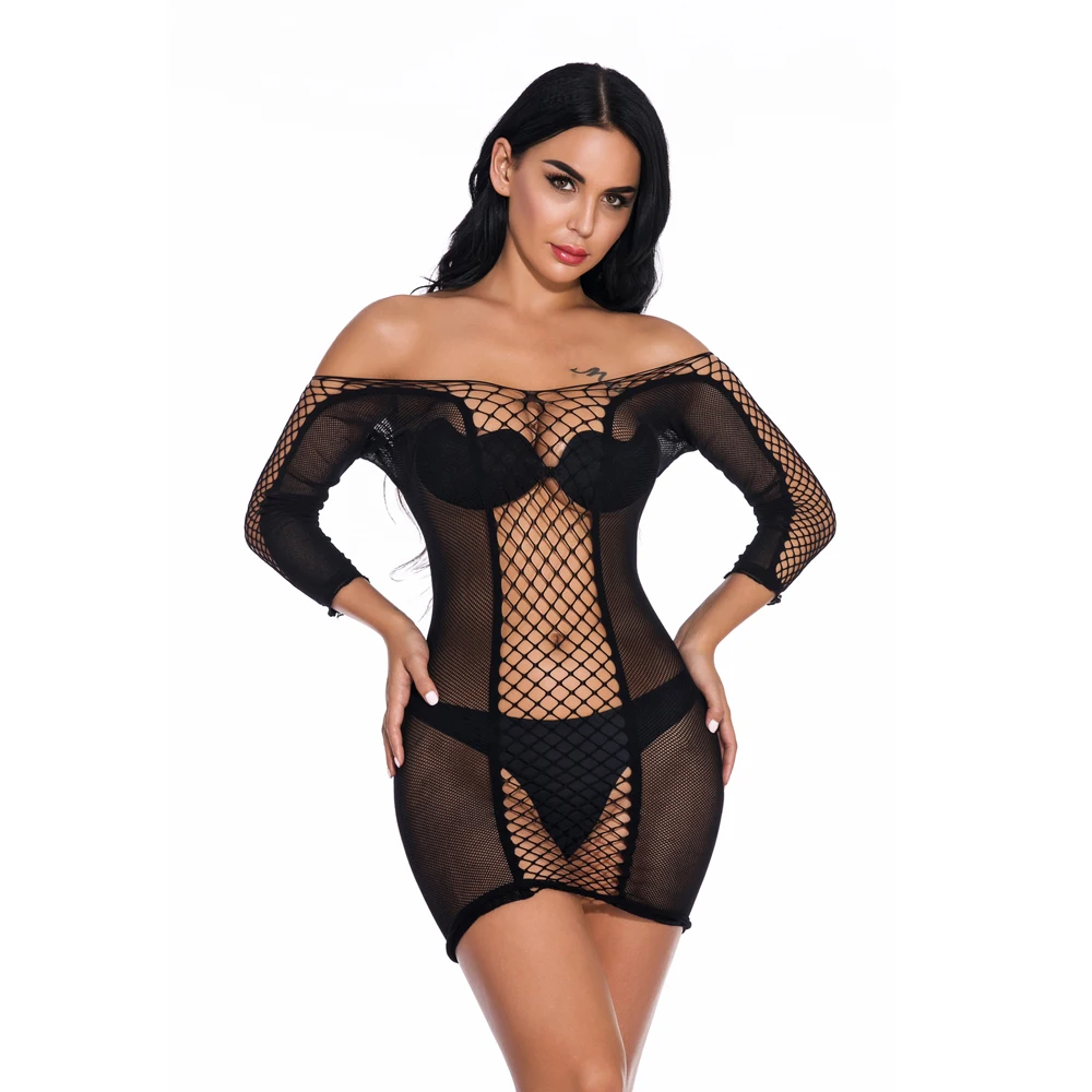

Sexy Plus Size dress bodystocking Fashion sleeve mesh Open cup babydoll colorful underwear erotic lingerie hot fishnet clothes