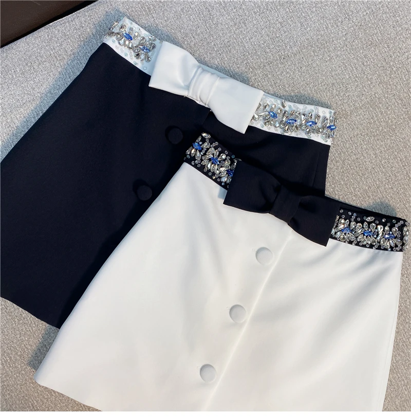 

2021 Summer Rhinestone High Waist Slimming Suit Skirt for Women White A Line Korean Short Skirt Female Black Pleated Skirt