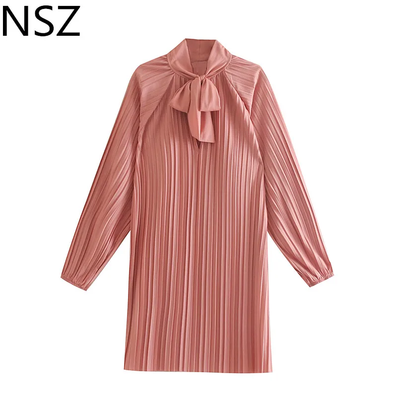 NSZ женское однотонное плиссированное платье с длинным рукавом и бантом завязками