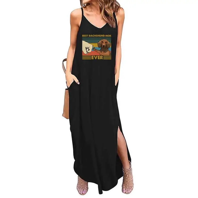 

2021 Fashion Best Dachshuno Mom Ever Maxi Women's Summer Casual Loose Dresses Beach Blouse Long Sling Long Dress With Pockets
