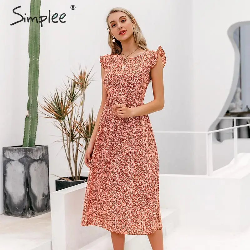 Simplee Bohimian style women summer midi dress Elegant floral print female long sundress A-line ruffle ladies beach dresses | Женская