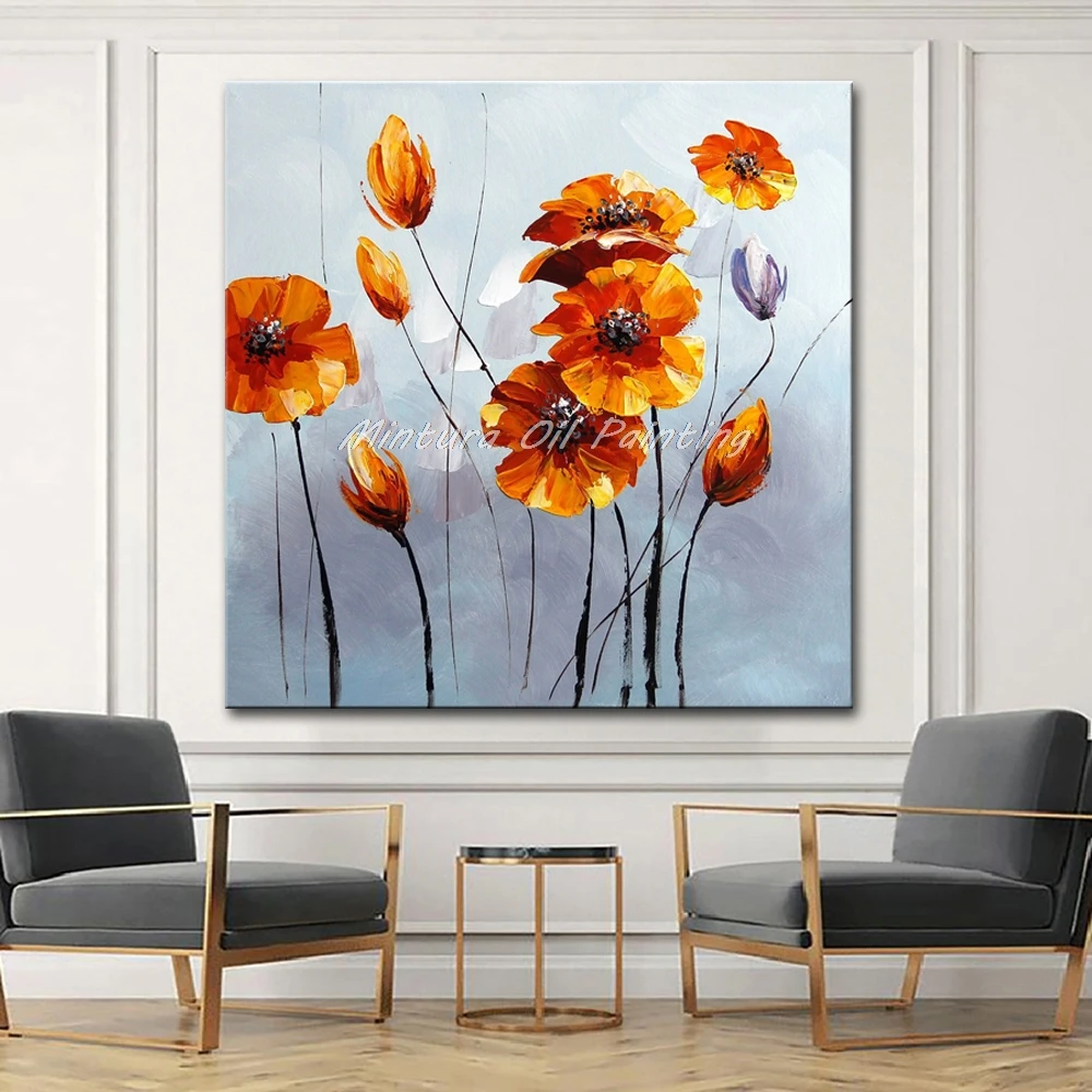 Минтура ручная роспись оранжевые желтые цветы картина маслом на холсте