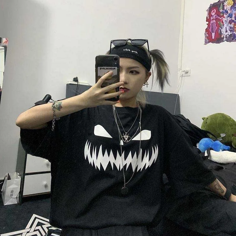 

NiceMix Harajuku pumpkin Print letter T shirt Fake 2 Pieces Patchwork Casual Long Sleeve T-shirt Women And Men Streetwear Tops