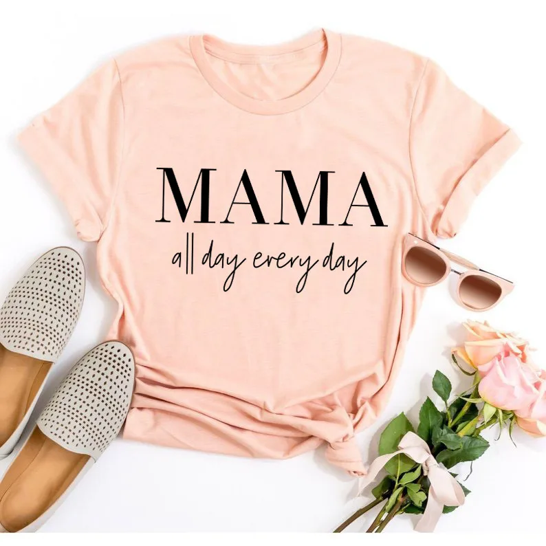 peach tee black text MAMA all day every/футболка Tumblr 90 s, повседневная хипстерская футболка унисекс, стильный топ с короткими рукавами, верхняя одежда с надписью Mama, модная футболка для девочек - Цвет: peach tee black text