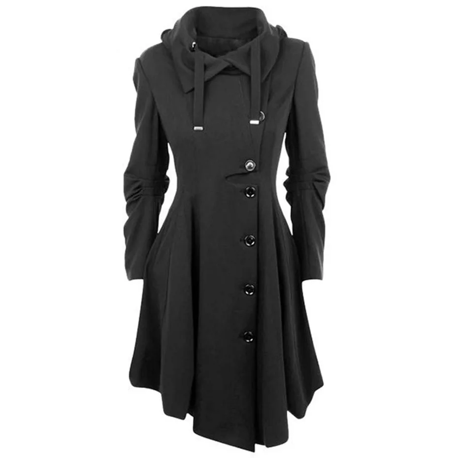 

2023 Gothic Long Trench Coat Black Slim Asymmetric Lapel Collar Button Elegant Autumn Winter Vintage Goth Overcoat Outwears