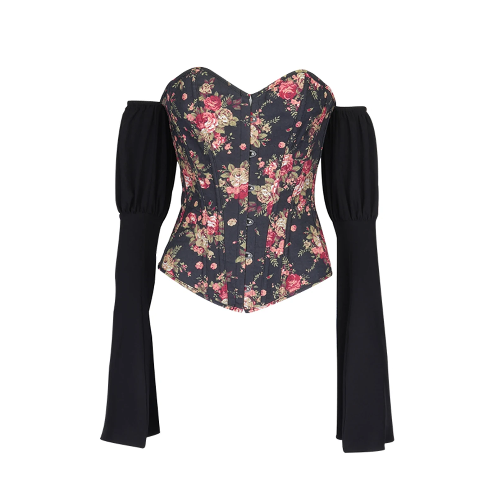 

Women's Sexy Bustier Tops, Fashion Long Sleeve Floral Print Lace Up Push Up Bra Corsets