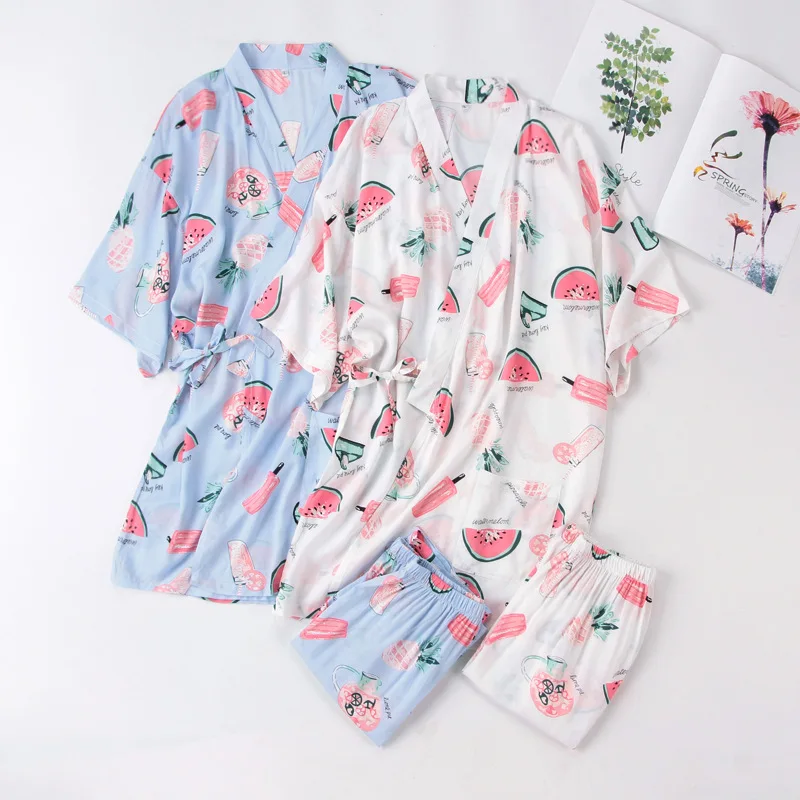 

New Summer Women Pajamas Cotton Silk Comfortable Ladies Short Sleeved Pyjamas with Shorts Rayon Cardigan Kimono Thin Home Wear