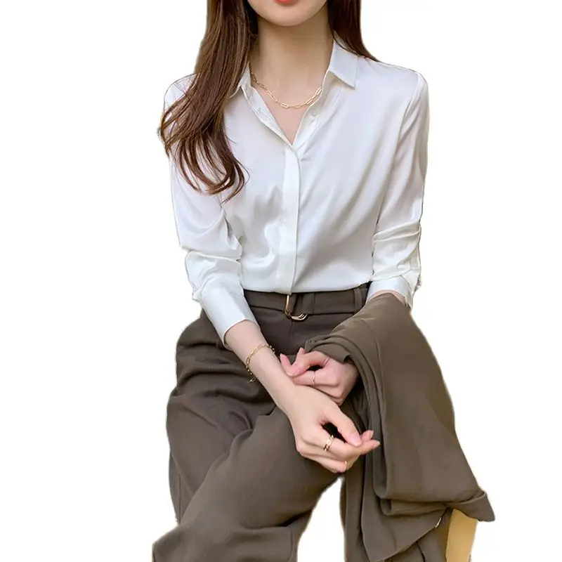 

6 Color Silk Formal Women Shirt Fashion Chiffon Turn-down Collar Long Sleeve Dress Shirts Office Work Lady Tops Size S-XXL