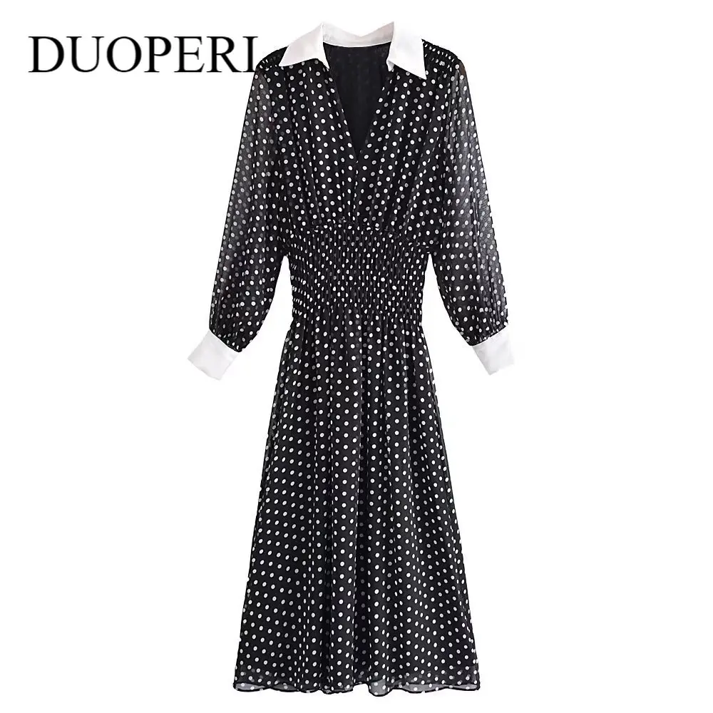 

Платье-миди женское длинное в горошек, с длинным рукавом и V-образным вырезом