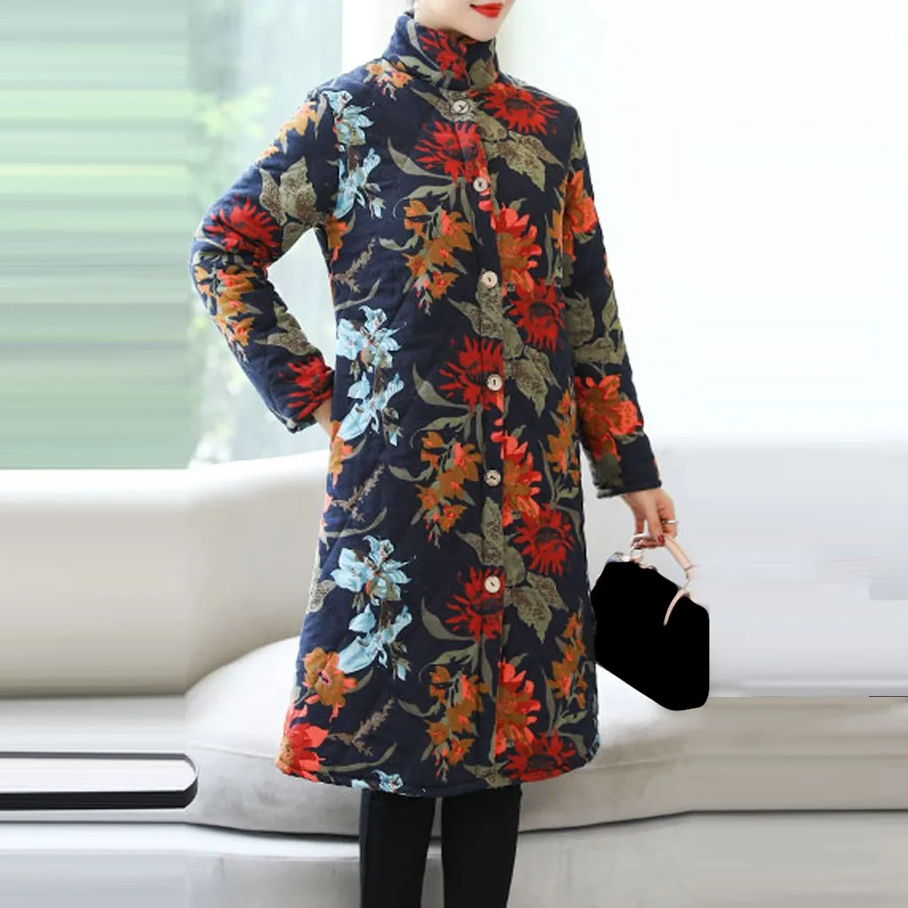 Новинка, зимняя женская куртка, плюс размер, 5xl, вельветовое пальто, женское, винтажное, с цветочным принтом, хлопок и лен, толстая, теплая, длинная парка#3