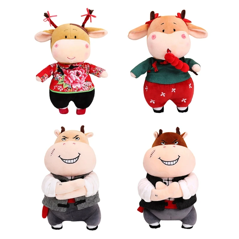 

2021 New Year Chinese Zodiac Ox Year Mascot Cattle Plush Toys Cotton Stuffed Red T5EC