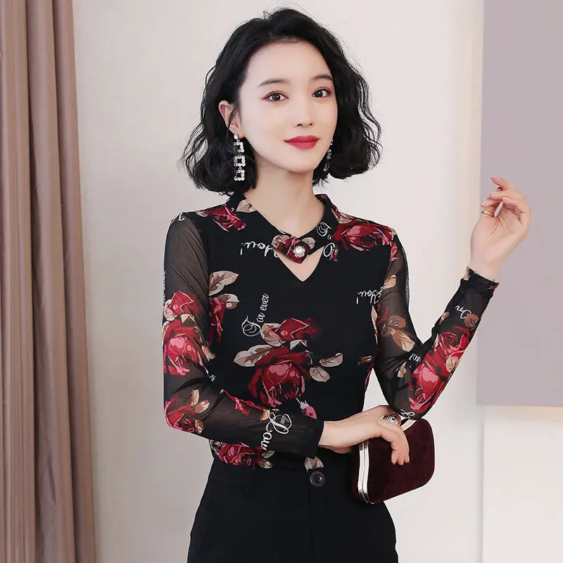 

Женские кружевные блузки с длинным рукавом, повседневные топы с принтом и V-образным вырезом, весна-осень, размера плюс