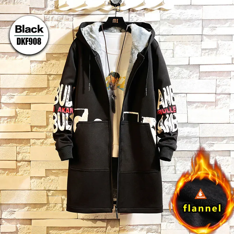 Флисовая Куртка, зимние мужские парки, 5XL, с принтом, военный, японский, с капюшоном, длинный плащ, черный, в стиле хип-хоп, уличная одежда, Толстые мужские куртки - Цвет: DKF908Black