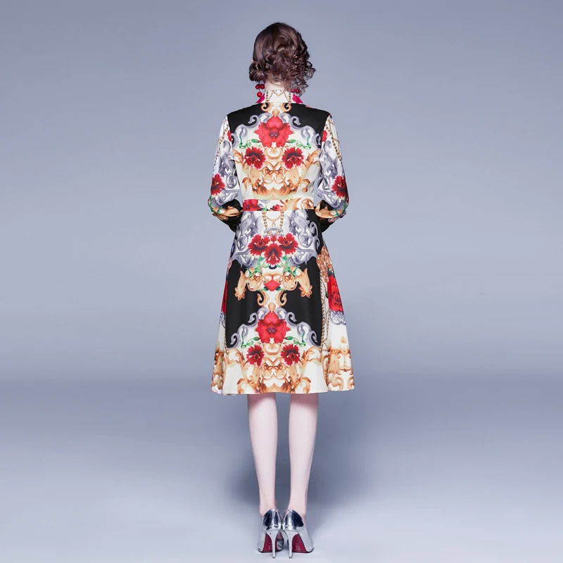 

New Elegant Vintage Women Floral Print Slim Tunic Dress Evening Party Clothing Lady Long Sleeve Dresses