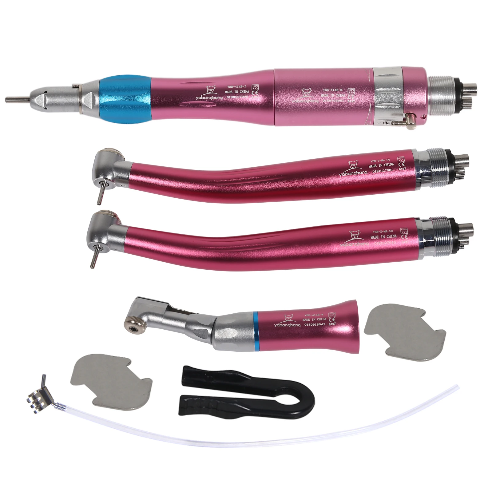 Dental 4 Holes1pcs Low Handpiece + 2pcs HighHandpiece Speed Push Button Air Turbine Kit 1:1Ratio Pink fit NSK Style