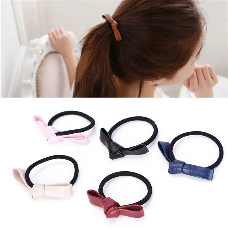 

2017 Korean Fashion Hair Accessories Women Leather Bow Rubber Bands Elastic Scrunchy Gum Hair Tie Rope Headwear Jewelry