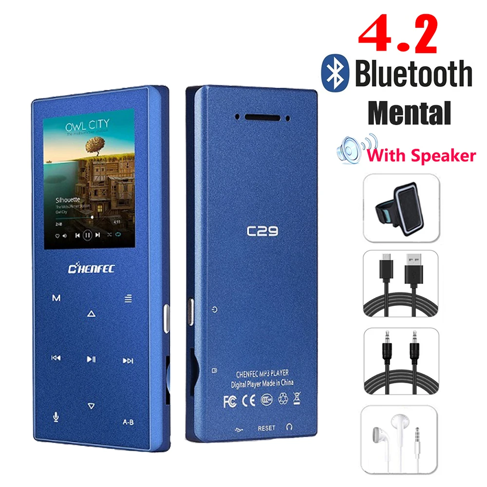 C29-Blue-full set mp3-плеер с шагомером, Bluetooth 4,2, встроенный динамик, металлический плейер с fm-радио, поддержка SD карты до 128 ГБ - Цвет: C29-Blue-full set