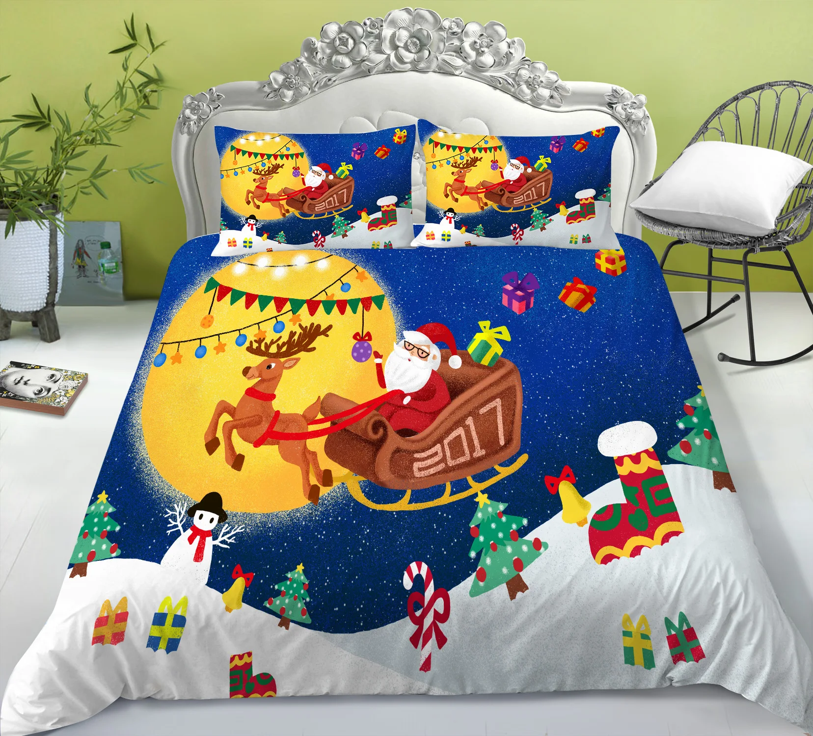 

Рождественский детский подарок комплект постельного белья из трех предметов с цифровой печатью из полиэстера