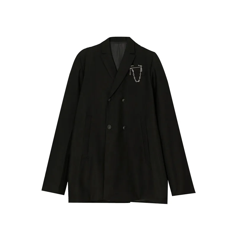 

Male Streetwear Hip Hop Suit Coat Outerwear Men Pin Chain Double Breasted Retro Fashion Causal Loose Blazers Suit Jacket