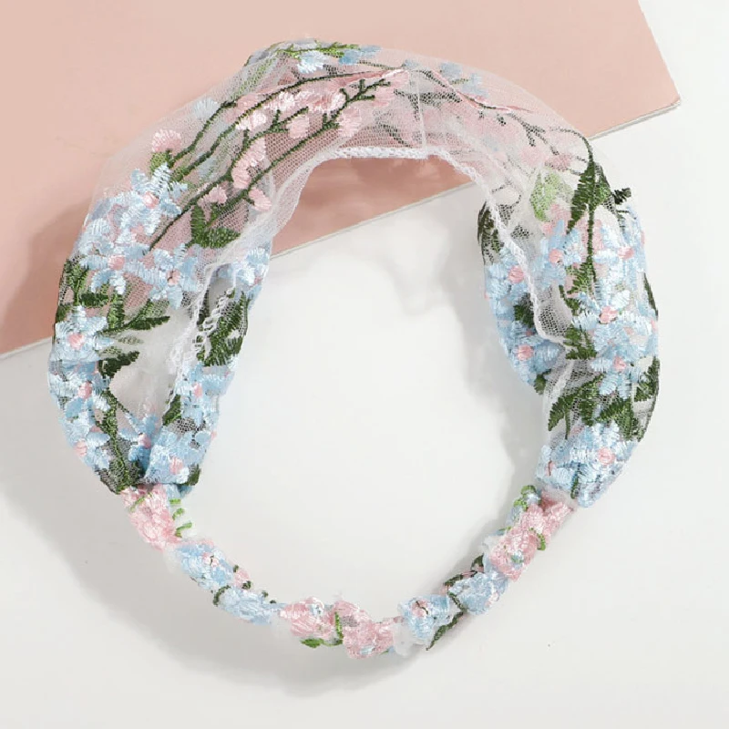 Повязка на голову женская кружевная с цветочной вышивкой винтажная широкая
