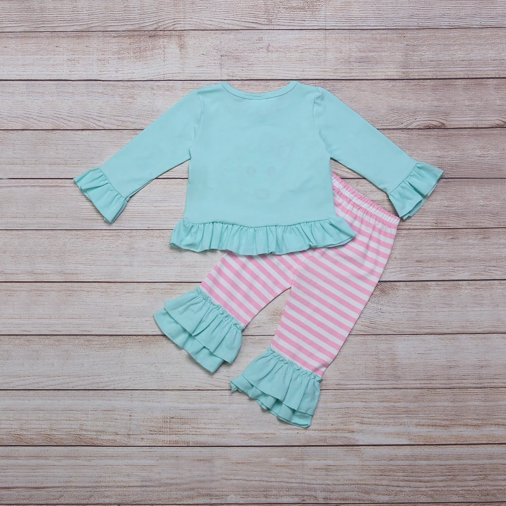 Ropa de oto&ntilde;o para ni&ntilde;as, Top de manga larga azul y pantalones a rayas rosas, con lazo rosa, bordado con cabeza de perro, trajes para ni&ntilde;as-1