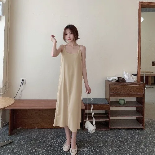 

2021 Summer Fashion Chic Spaghetti Strap Dresses Women Temperament Simple Solid Color Backless Split Hem Long Dress for Female
